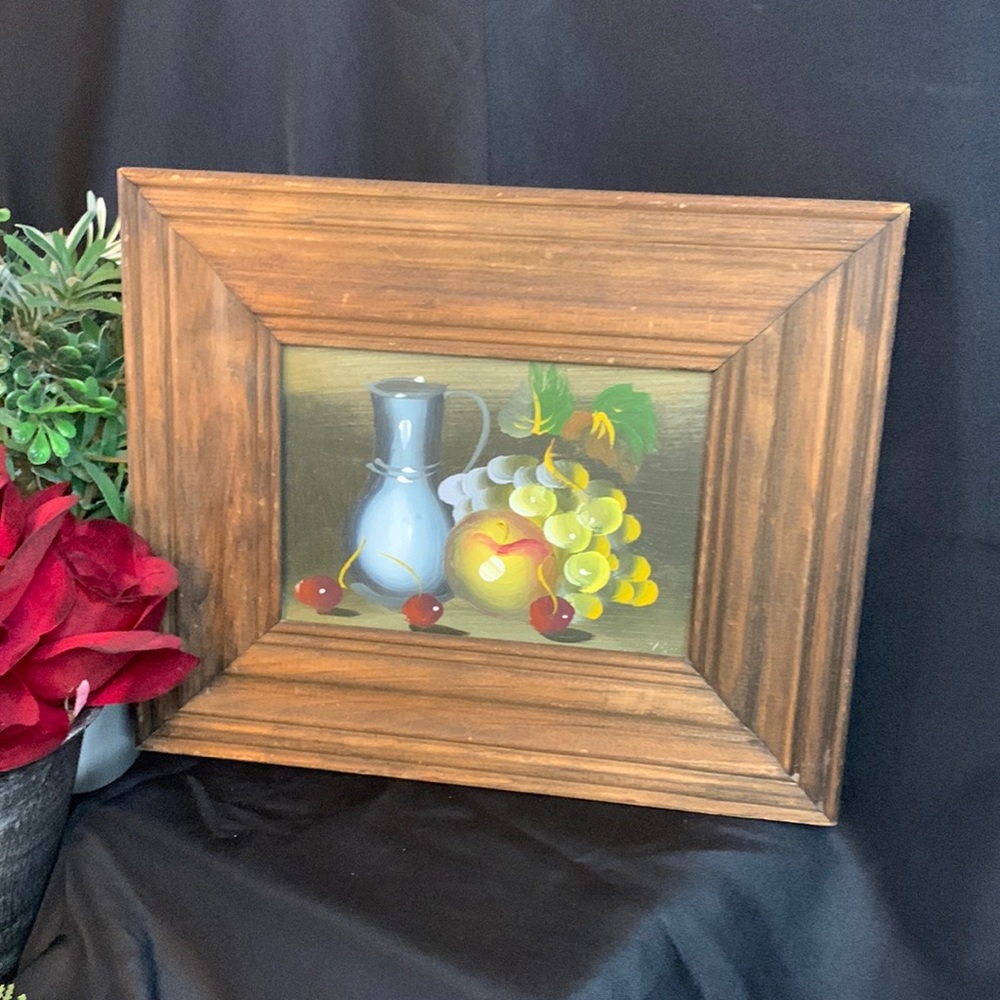 Vintage acrylic / oil painting - fruit and pitcher on wood